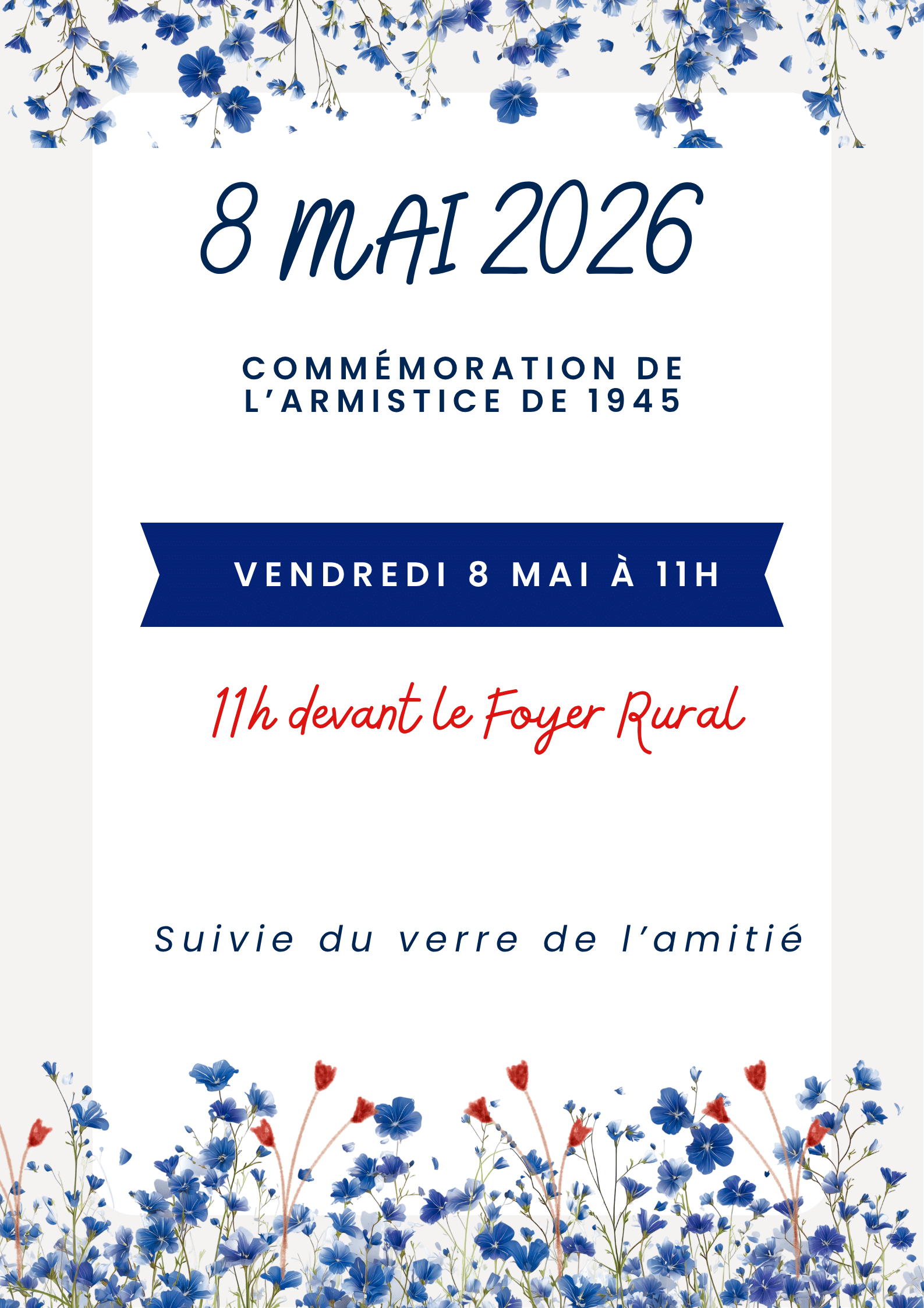 Affiche fête nationale du 8 mai illustré minimaliste floral bleu blanc et rouge